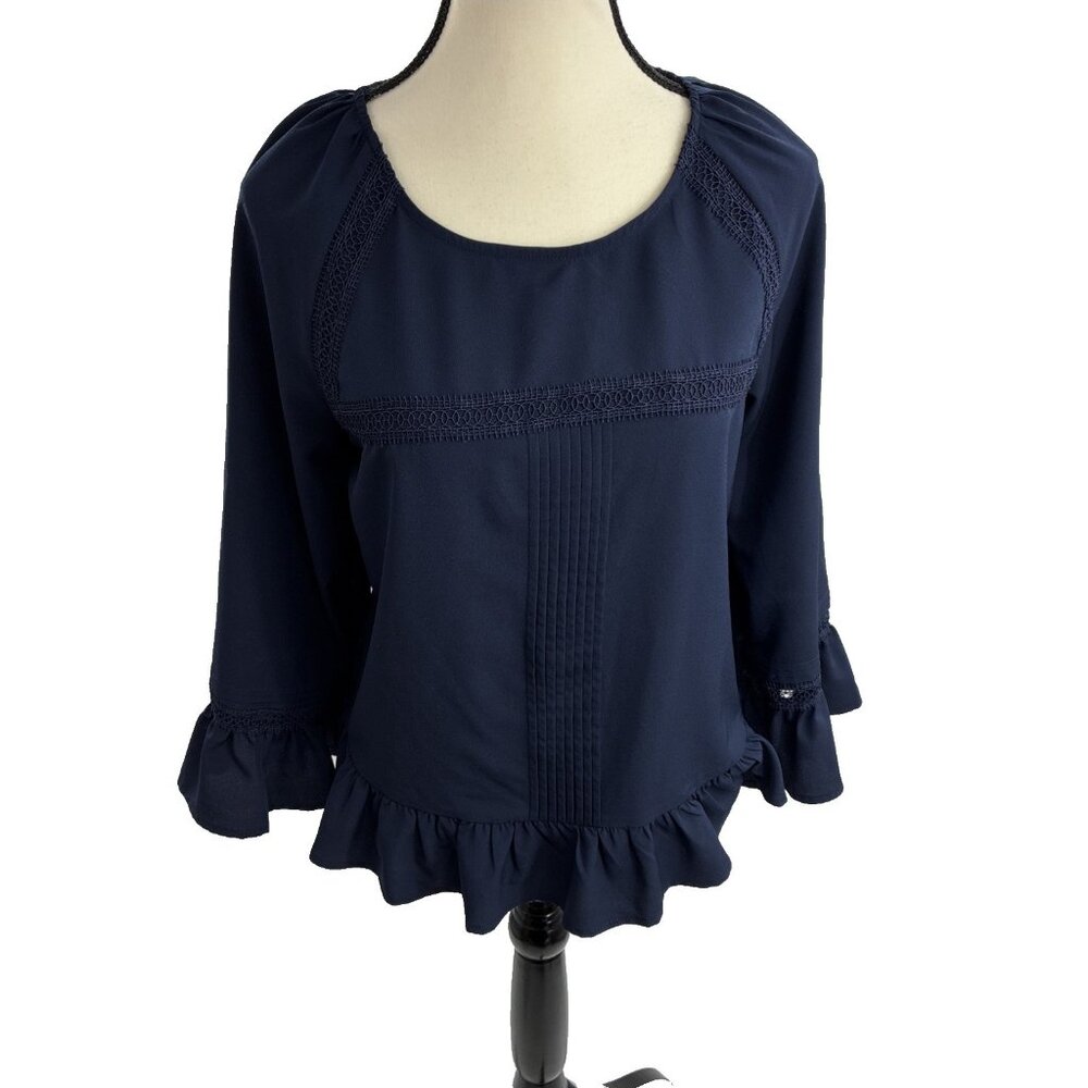 A New Day Womens Small Navy Peasant Blouse Ruffle Hem 3/4 Sleeve Top